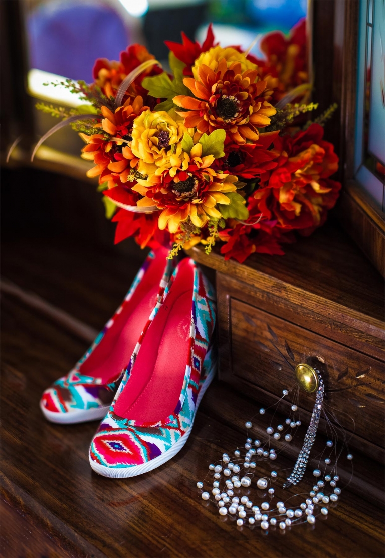 Brides bouquet flowers and shoes