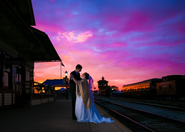 Wedding sunset photo at train station