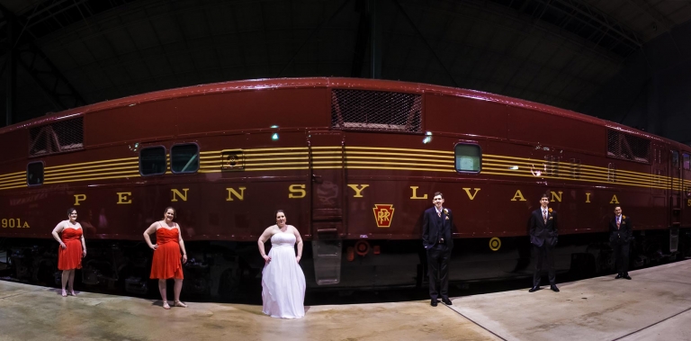Wedding photo with train that says pennsylvania