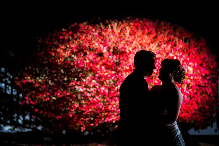 Artistic night photo of bride and groom at wedding