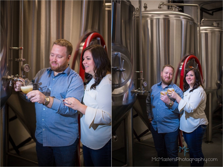Engagement photo brewery beer tank