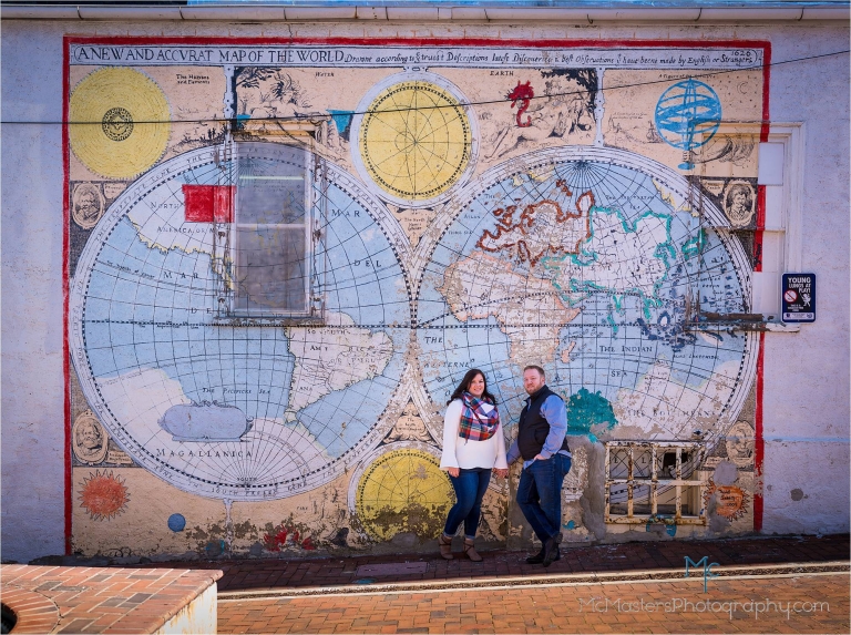 Engagement photo downtown Phoenixville World Map Mural