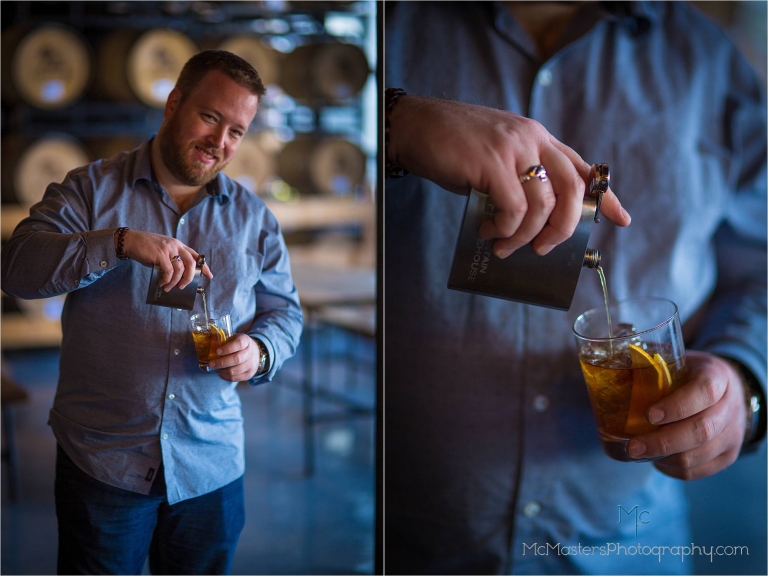 Engagement photo groom pouring whiskey from flask