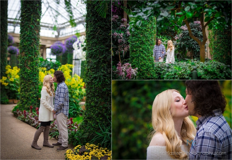 Engagement photo in the conservatory at Longwood gardens by McMasters photography, a Philadelphia wedding photographer.