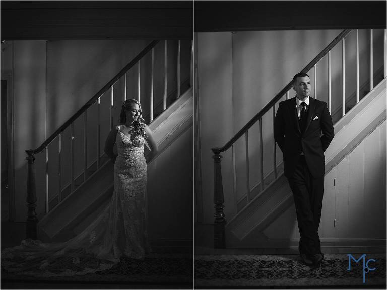 Joseph Ambler Inn Wedding bride and groom black and white individual portraits by stairway
