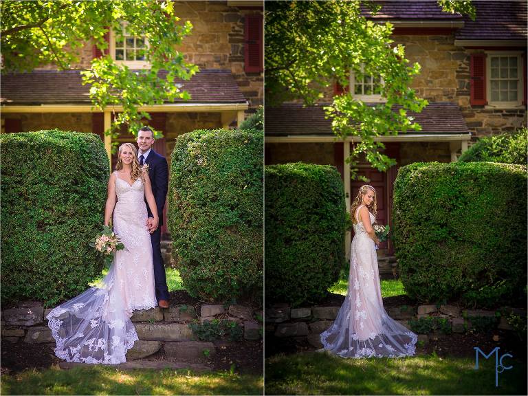 Joseph Ambler Inn Wedding bride and groom portrait with hedges