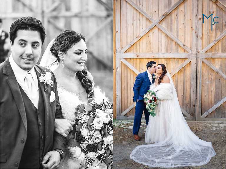 Bride and groom in front of barn at Indian Orchards